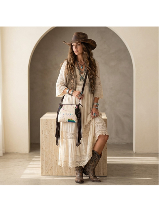 American Darling Handbags - American Darling Cupcake Sprinkle Boho Cowhide Fringe Crossbody